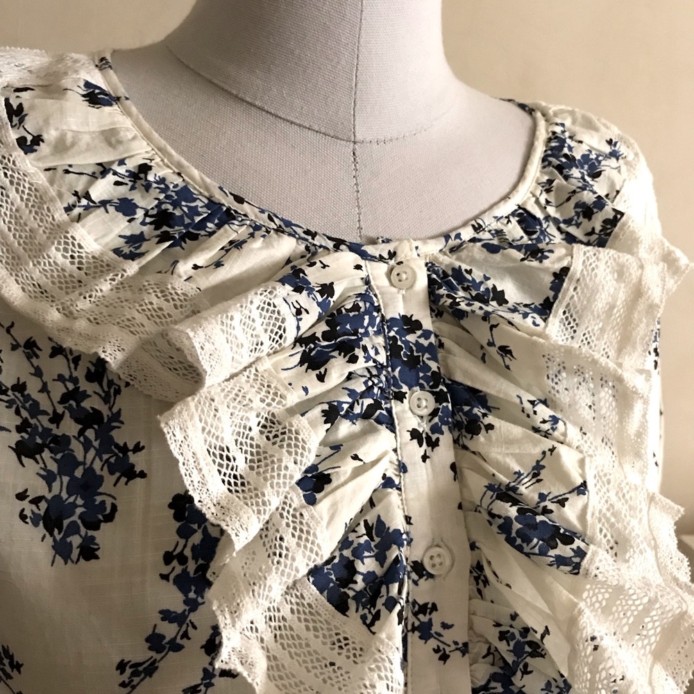 THE GREAT. Bishop Blue on White Floral Blouse - Picture 7 of 14